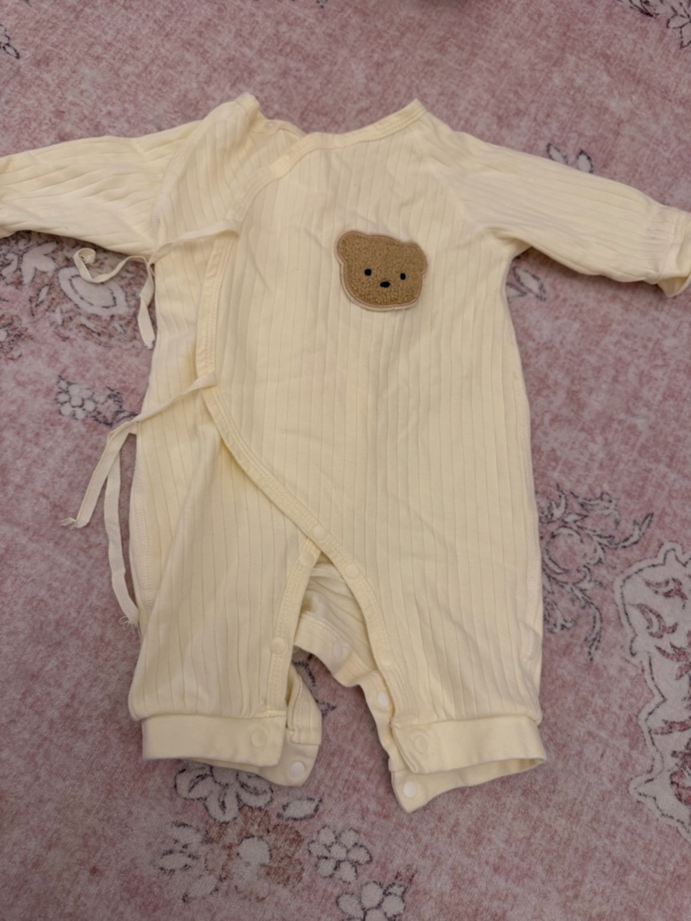 Cream Ribbed Baby One-Piece with Bear Patch